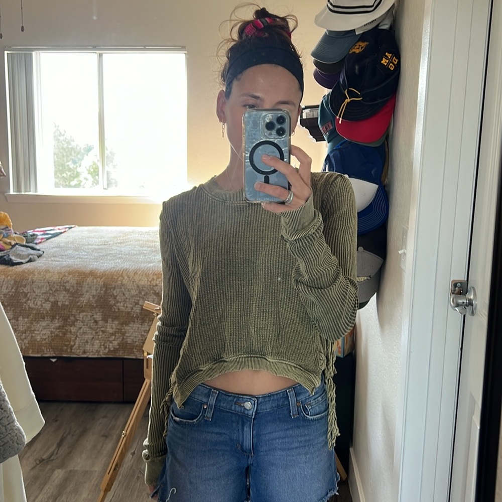 Free people olive knit sweater with open sides & ties